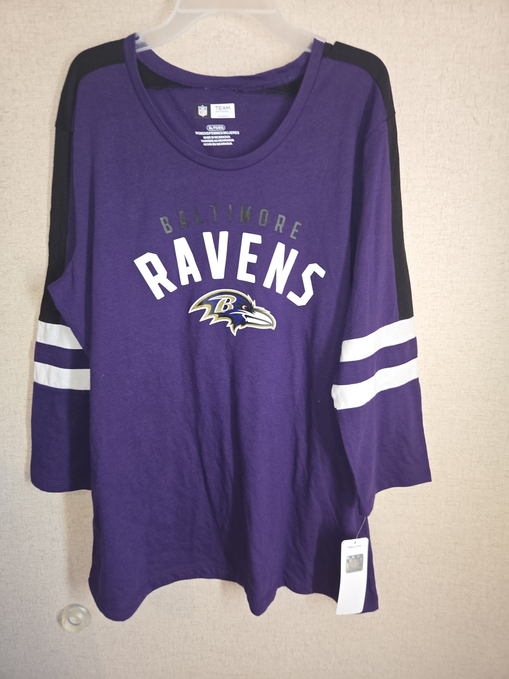 NFL Purple & Black Baltimore Ravens Long Sleeve WomensTee with White Stripes Xl